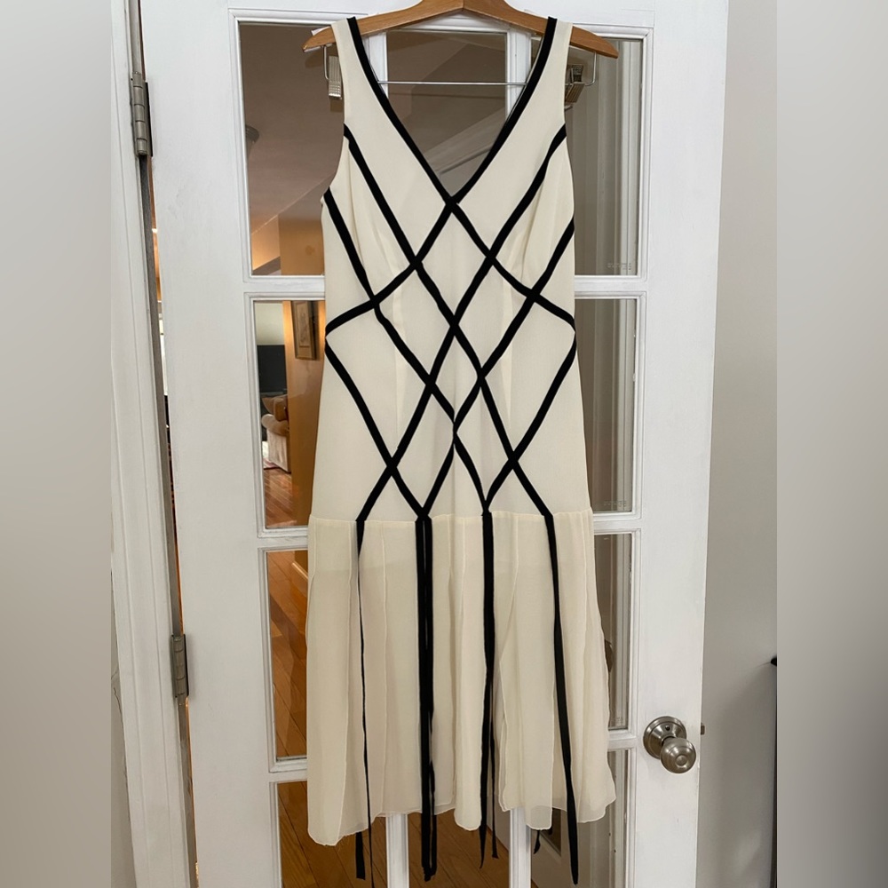 Nicole Miller Cream Midi Dress with Black Geometric Trim
